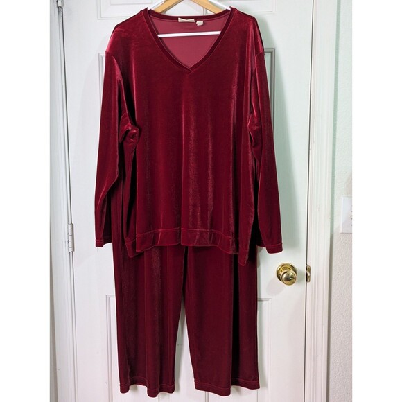 VTG Preview International Velour Track Suit Womens 3X Red Pockets Stretch V Neck - Picture 1 of 11